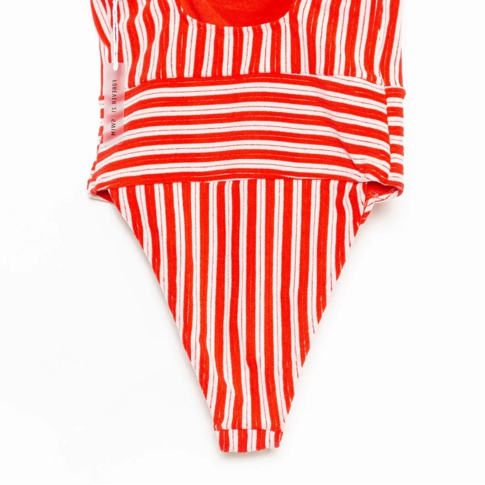 Forever 21 Red White Striped Terry Monokini High-Leg One-Piece Swimsuit – Size L - Picture 7 of 13